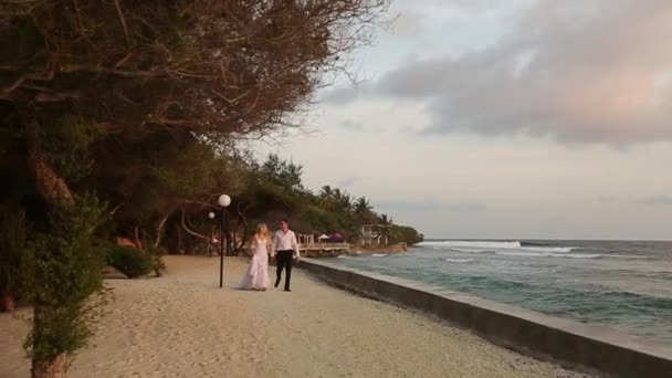 Kameran följer brudparet när de går till ceremonin längs strandlinjen nära bungalows på bron på luxury resort på Maldiverna ön. Nygifta njuter smekmånad. Exotical tropiska bröllop koncept. — Stockvideo