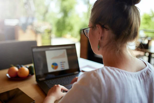 Vista da vicino posteriore della giovane azienda o studentessa che lavora al caffè con computer portatile, digitando, guardando lo schermo con statistiche, utilizzando touchpad. Vista sulla spalla. Concetto di telelavoro . — Foto Stock