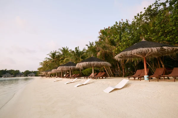 Beach chairs under straw umbrellas. Indian ocean coastline on Maldives island. White sandy beach and calm sea. Travel and vacation concept. — Stock Photo, Image