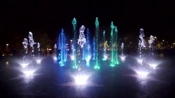 Colorful dancing fountain at night. Slow-motion footage of jets of water on a dark background. Unrecognizable people silhouettes. — Stock Video
