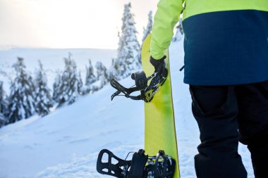 Arkadan görünüşü mount backcountry freeride oturum için ormanda tırmanma snowboard. Snowboard kayak merkezi yürüyen adam. Binici kireç moda kıyafet. Modern hızlı akış bağlamaları üzerinde