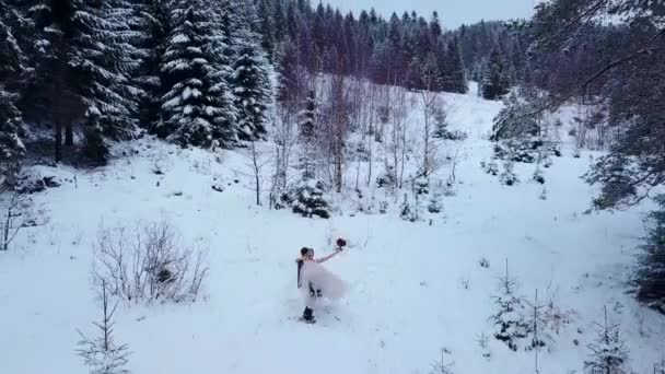 Damat Iplik Mutlu Gelin Ona Kar Yağışı Sırasında Kar Hava — Stok video