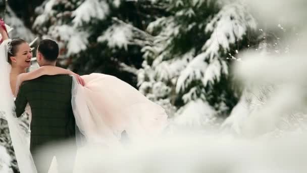 Brilho Girando Feliz Noiva Segurando Girando Suas Mãos Neve Floresta — Vídeo de Stock