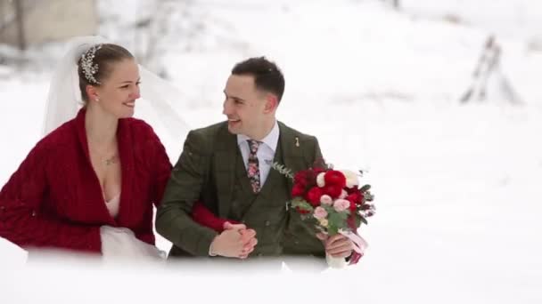 Young wedding couple running, having fun holding hands at ski resort village with wooden cottages near logs. Winter wedding inspiration. Groom and bride on honeymoon. Newlyweds on vacation. — Stock Video