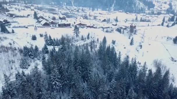 Luftaufnahme eines bewohnten Ortes in den Bergen im Winter. Gebäude und Häuser von Bergdörfern an schneebedeckten Berghängen. Land, Tanne und Kiefernwald. Hütten im Skigebiet. — Stockvideo