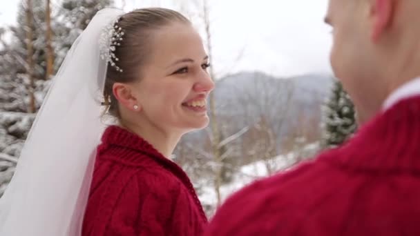 Giovani sposi che camminano, sorridono e parlano tenendosi per mano nella foresta innevata durante le nevicate. Ispirazione al matrimonio invernale. Sposo e sposa si divertono nei boschi delle favole. Gli sposi al primo incontro . — Video Stock