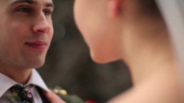 Teklif veya evlenme teklif yapma adamım. Yeni evliler damat ve gelin karlı ormandaki. Romantik Çift aşık. Kravat ve takım elbise şık adam onun sevgilim ve gülümsüyor görünüyor. Sevgililer günü kavramı.