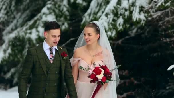 年轻的新婚夫妇走着 微笑着 在雪林里手牵手说话 冬季婚礼灵感 新郎和新娘在童话般的树林里玩得很开心 新婚夫妇第一次见面 — 图库视频影像