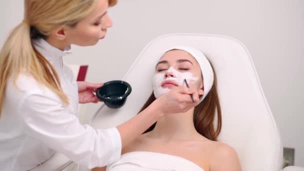 Cosmetologia especialista aplicando máscara facial usando escova, tornando a pele hidratada e saudável. Mulher atraente relaxando com os olhos fechados e desfrutando de procedimentos de spa de cuidados com a pele. Esteticista no trabalho . — Vídeo de Stock