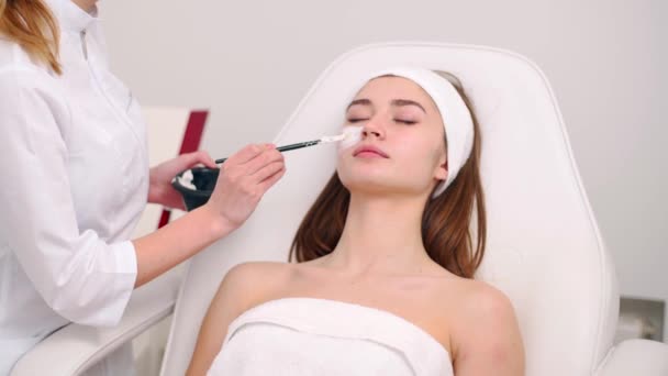 Especialista en cosmetología aplicando mascarilla facial usando cepillo, haciendo la piel hidratada y saludable. Mujer atractiva relajándose con los ojos cerrados y disfrutando de procedimientos de spa para el cuidado de la piel. esteticista en el trabajo . — Vídeos de Stock