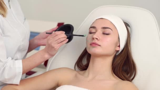 Kozmetológiai szakember alkalmazása arcpakolás ecsettel, hogy a bőr hidratált és egészséges. Vonzó nő pihentető csukott szemmel, és élvezi bőrápoló Spa eljárásokat. Kozmetikus munka. — Stock videók
