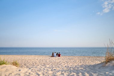 Tatilleri sırasında beyaz kumlu plajda havlu üzerinde birlikte oturan ve deniz üzerinde gün batımının tadını çıkaran arkadaş grubunun arka görünümü. Erkekler ve kadınlar sahilde gitarla dinlenirler. Sakin sahne.