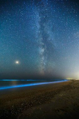 Long exposure shot of glowing plankton on sea surf and milky way. Blue bioluminescent glow of water under the starry sky. Rear nature phenomenon. Bright Mars planet among constellations in night sky. clipart