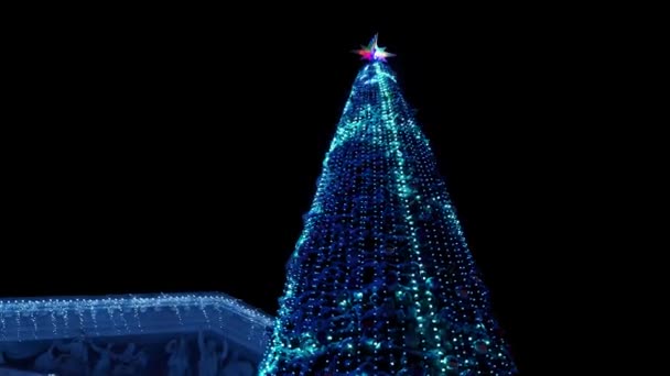 Large Christmas tree decorated with luminous garlands flashing on city square at snowy winter night. Camera flies around glowing New Year tree full of decorations outdoors on the street. Light show. — Stock Video