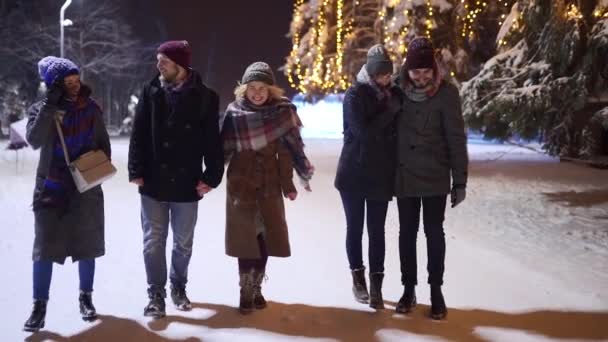 Group of happy friends walking under snowfall, have fun and communicate in slow motion. People hanging on snowy winter night. Christmas and New Year Holidays. Festive garland illumination on backdrop. — Stock Video