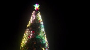 Karlı kış gecelerinde şehir meydanında parlak çelenkleri ve süslemeleri olan büyük bir Noel ağacı. Yakın plan. Açık havada süslemelerle dolu parlak bir yılbaşı ağacı. Panorama.