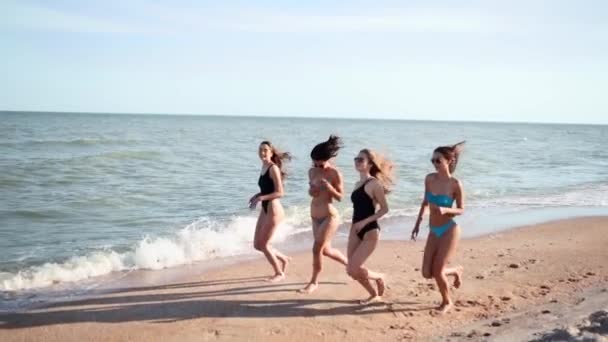 Groupe de jolies amies courant au bord de la mer sur une plage tropicale sablonneuse en maillot de bain. Les femmes interraciales en bikini s'amusent à bronzer en plein air le jour d'été. Les filles en maillots de bain courent au ralenti. — Video