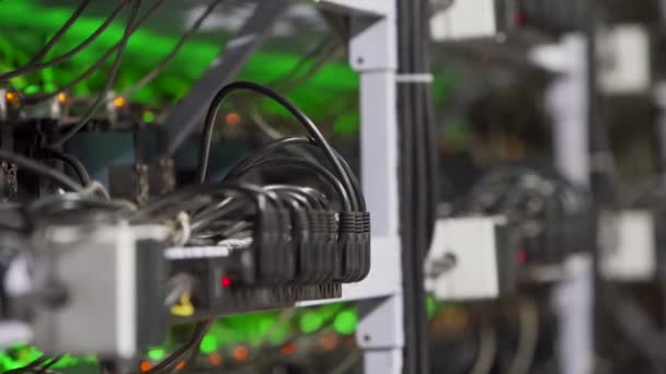 Teknisi diagnostik pusat data menginstal penambang bitcoin ASIC di rak, menghubungkan kabel ethernet. Layanan server peralatan tambang. Administrator memperbaiki jaringan kluster cryptocurrency pertanian. — Stok Video