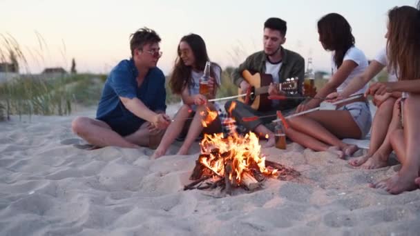 Os amigos sentam-se à volta da fogueira, bebem cerveja, cantam guitarra, fritam salsichas na praia. Jovem misto grupo de homens e mulheres com bebida singalong, cara barbudo tocando guitarra em festa no crepúsculo. — Vídeo de Stock