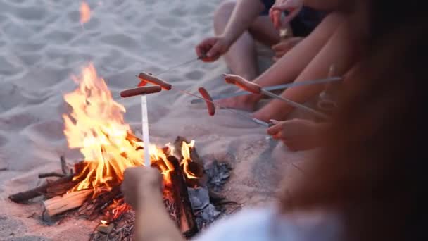 Στενή θέα φίλων τηγάνισμα λουκάνικα κάθεται γύρω από τη φωτιά, πίνοντας μπύρα, παίζοντας κιθάρα στην αμμώδη παραλία. Νεαρή ομάδα ανδρών και γυναικών με ποτά τραγουδούν μαζί παίζοντας κιθάρα κοντά στη φωτιά το σούρουπο. — Αρχείο Βίντεο