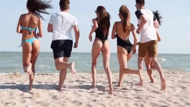 Grupo de amigos felizes correndo para a água do mar e pulando na praia de areia. Pessoas alegres se divertindo à beira-mar no dia ensolarado de verão. Homens e mulheres jovens vão nadar para o oceano. 120 fps câmera lenta . — Vídeo de Stock