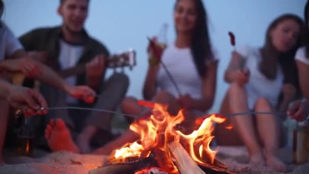 Close view of friends frying sausages sitting around bonfire, drinking beer, playing guitar on sandy beach. Young group of men and women with beverage singalong playing guitar near campfire in dusk. — Stock Video
