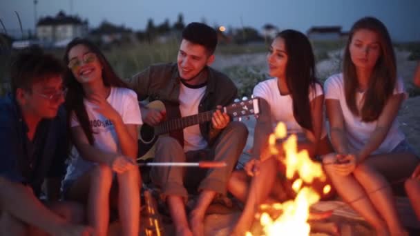 Gli amici si siedono intorno al falò, bevono birra, cantano alla chitarra, friggono salsicce sulla spiaggia sabbiosa. Giovane razza mista di uomini e donne con bevanda singalong, ragazzo barbuto suonare la chitarra alla festa al crepuscolo. — Video Stock