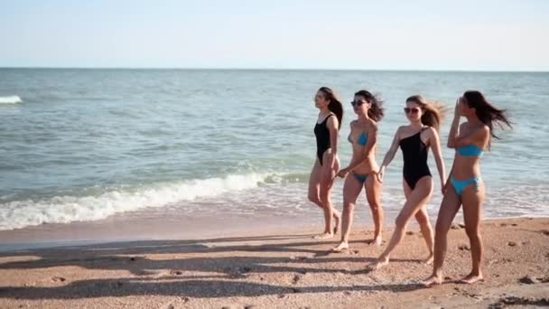 Группа симпатичных подружек, гуляющих по морю на песчаном тропическом пляже в купальниках. Межрасовые женщины в бикини зависают и загорают в летний день на открытом воздухе. Девушки в купальниках идут в замедленной съемке. — стоковое видео