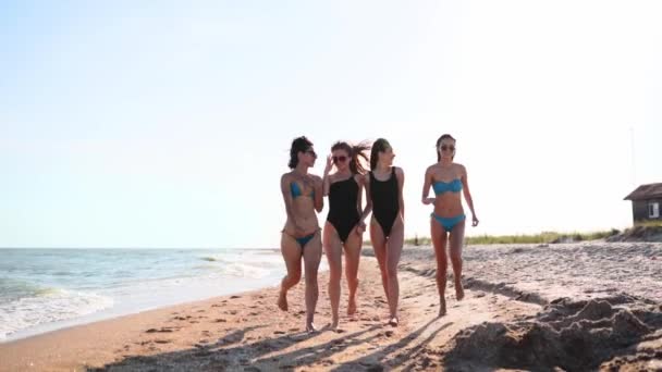 Eine Gruppe hübscher Freundinnen läuft in Badeanzügen am Meer entlang am tropischen Sandstrand. Interrassische Frauen im Bikini haben Spaß beim Bräunen an einem Sommertag im Freien. Mädchen in Badebekleidung laufen in Zeitlupe. — Stockvideo