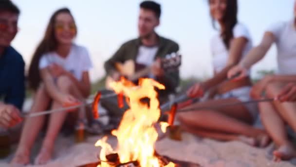 Amigos sentados alrededor de la hoguera, beber cerveza, cantar a la guitarra, freír salchichas en la playa de arena. Joven grupo de raza mixta de hombres y mujeres con bebidas singalong, tipo barbudo tocando la guitarra en la fiesta en el atardecer. — Vídeos de Stock