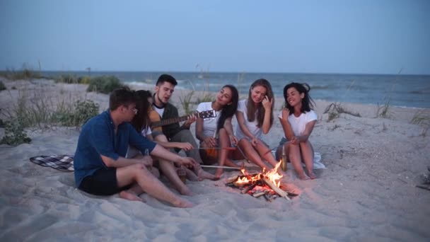 Przyjaciele siedzą przy ognisku, piją piwo, śpiewają na gitarze, smażą kiełbaski na piaszczystej plaży. Młody mieszany rasa grupa mężczyzn i kobiet z napojów śpiew wzdłuż, brodaty facet gra na gitarze na imprezie w zmierzchu. — Wideo stockowe