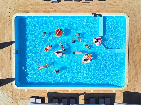 Aérea de amigos teniendo fiesta en piscina con flamenco inflable, cisne, colchón. Los jóvenes felices se relajan en un resort de lujo en un día soleado. Vista desde arriba. Chicas en bikini tomando el sol en un sol. —  Fotos de Stock