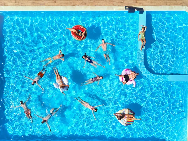 Aérea de amigos teniendo fiesta en piscina con flamenco inflable, cisne, colchón. Los jóvenes felices se relajan en un resort de lujo en un día soleado. Vista desde arriba. Chicas en bikini tomando el sol en un sol. —  Fotos de Stock