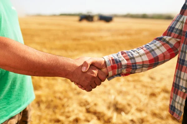 Çiftçi ve tarım uzmanı buğday tarlasında el sıkışıyor. Tarım işi sözleşmesi konsepti. Hasat sürücüsünü ve çiftçi tokalaşmasını hasattan sonra birleştirin. Görüşmeler.
