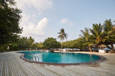 Lüks otel odalarının havuz kenarında sandalyeler, palmiye ağaçları ve mavi okyanus. Maldivler