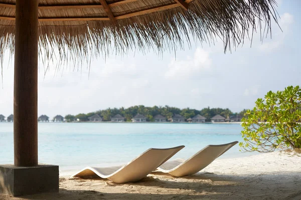 Twee moderne strandstoelen op het strand onder stroparasol. Indische oceaan kustlijn op Malediven eiland. Witte zandkust en kalme zee. Reizen en vakantie concept. — Stockfoto