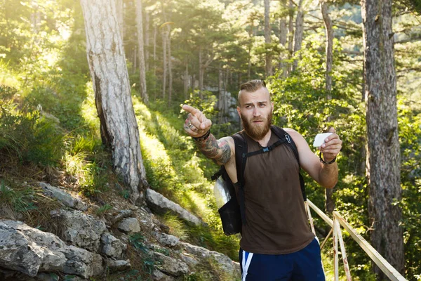 Bearded stylish hiker man using gps navigation for positioning at the mountain trail and thinks where to go. Technology concept — Stock Photo, Image