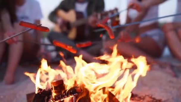 모닥불 주위에 앉아 맥주를 마시고 모래사장에서 기타를 치고 있는 친구들의 모습을 가까이에서 볼 수있다. 해질 녘에 모닥불 근처에서 기타를 치면서 음료를 곁들인 젊은 남녀들의 집단. — 비디오
