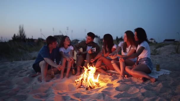 朋友们围坐在篝火边，喝啤酒，唱吉他，在沙滩上煎香肠。一群年轻的男女混血儿，一边喝酒一边唱歌，在暮色中，留着胡子的家伙在聚会上弹奏吉他. — 图库视频影像