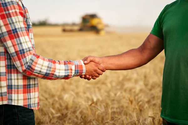 Rolnik i agronomista ściskający dłonie na polu pszenicy po uzgodnieniu. Koncepcja kontraktu rolniczego. Połącz kierowcę kombajnu i farmera negocjować w sezonie zbiorów. Uścisk dłoni — Zdjęcie stockowe