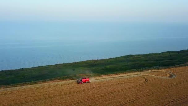 Aérien de moissonneuse batteuse travaillant dans le champ de blé près de falaise avec vue sur la mer au coucher du soleil. Récolte machine de coupe des cultures dans les terres agricoles près de l'océan. Agriculture, saison de récolte. Paysage étonnant pittoresque.