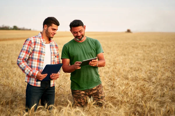 Dva farmáři stojí na poli s pšeničnými strništi, diskutují o sklizni, úrodě. Senior agronomista s dotekem tablet PC učí mladé kolegy. Inovativní technologie. Precision farming with online data management soft. — Stock fotografie