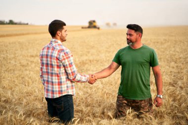 Çiftçi ve tarım uzmanı buğday tarlalarında el sıkışıyor. Tarım işi sözleşmesi konsepti. Tüzel çiftçi ve çiftlik sahibi el sıkışarak pazarlık ediyorlar. Hasatları birleştirin..