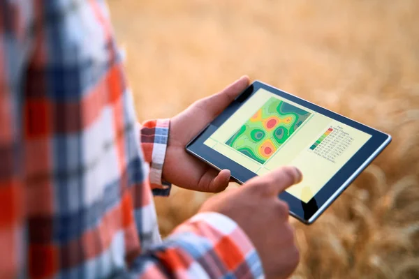Rolnictwo precyzyjne. Ręce hodowcy trzymają tablet za pomocą oprogramowania do zarządzania danymi online, map aplikacji nawozów różnicowych. Agronomist pracuje z ekranem dotykowym do kontroli, analizy działalności rolniczej — Zdjęcie stockowe