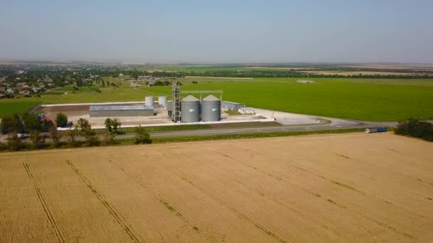 Luchtfoto van de graanlift voor het tarweveld. Quadcopter drone camera vliegen rond bloem of olie molen fabriek. Silo 's bij landbouwgrond. Landbouw thema, een oogstseizoen. Traceerschot. — Stockvideo