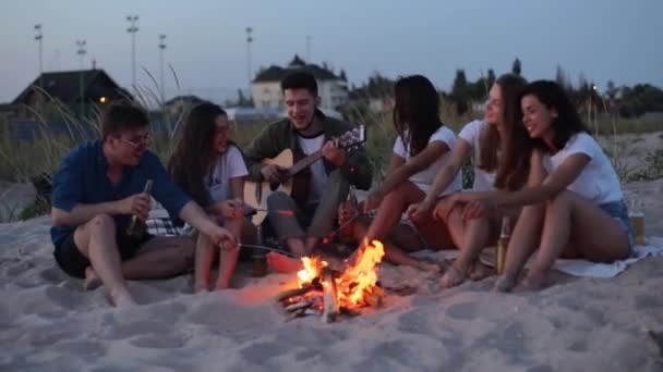 Amigos sentados alrededor de la hoguera, beber cerveza, cantar a la guitarra, freír salchichas en la playa de arena. Joven grupo de raza mixta de hombres y mujeres con bebidas singalong, tipo barbudo tocando la guitarra en la fiesta en el atardecer. — Vídeos de Stock