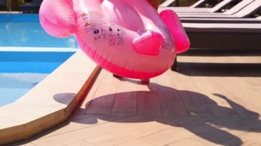 Havuzda elinde pembe şişme flamingoyla koşan bikinili seksi kız. Çekici, uyumlu, mayo giymiş, güneşli bir günde yalnız başına eğlenen kadınlar. Arka plan.