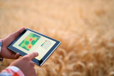 Hassas çiftçilik. Çiftçi elleri tableti çevrimiçi veri yönetimi yazılımı, diferansiyel gübre uygulama haritaları kullanarak tutuyor. Agronomist tarım sektörünü kontrol etmek, analiz etmek için dokunmatik ekranla çalışır