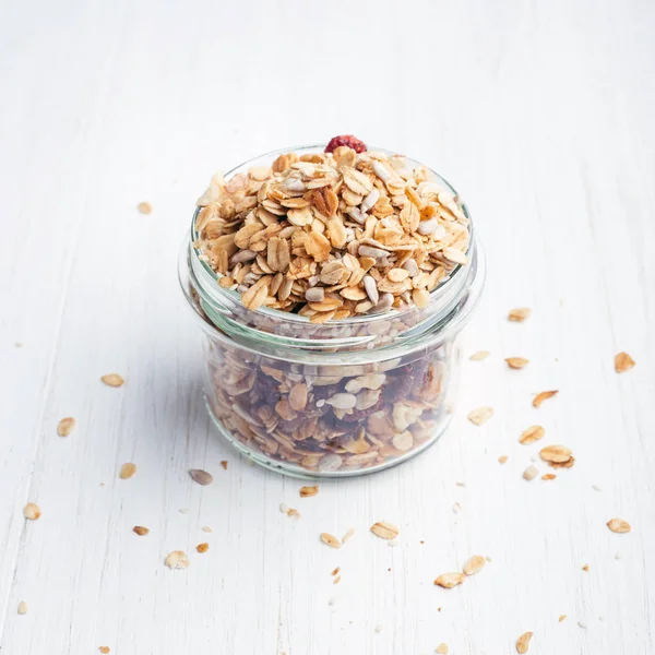 Granola in jar on the table. — Stock Photo, Image