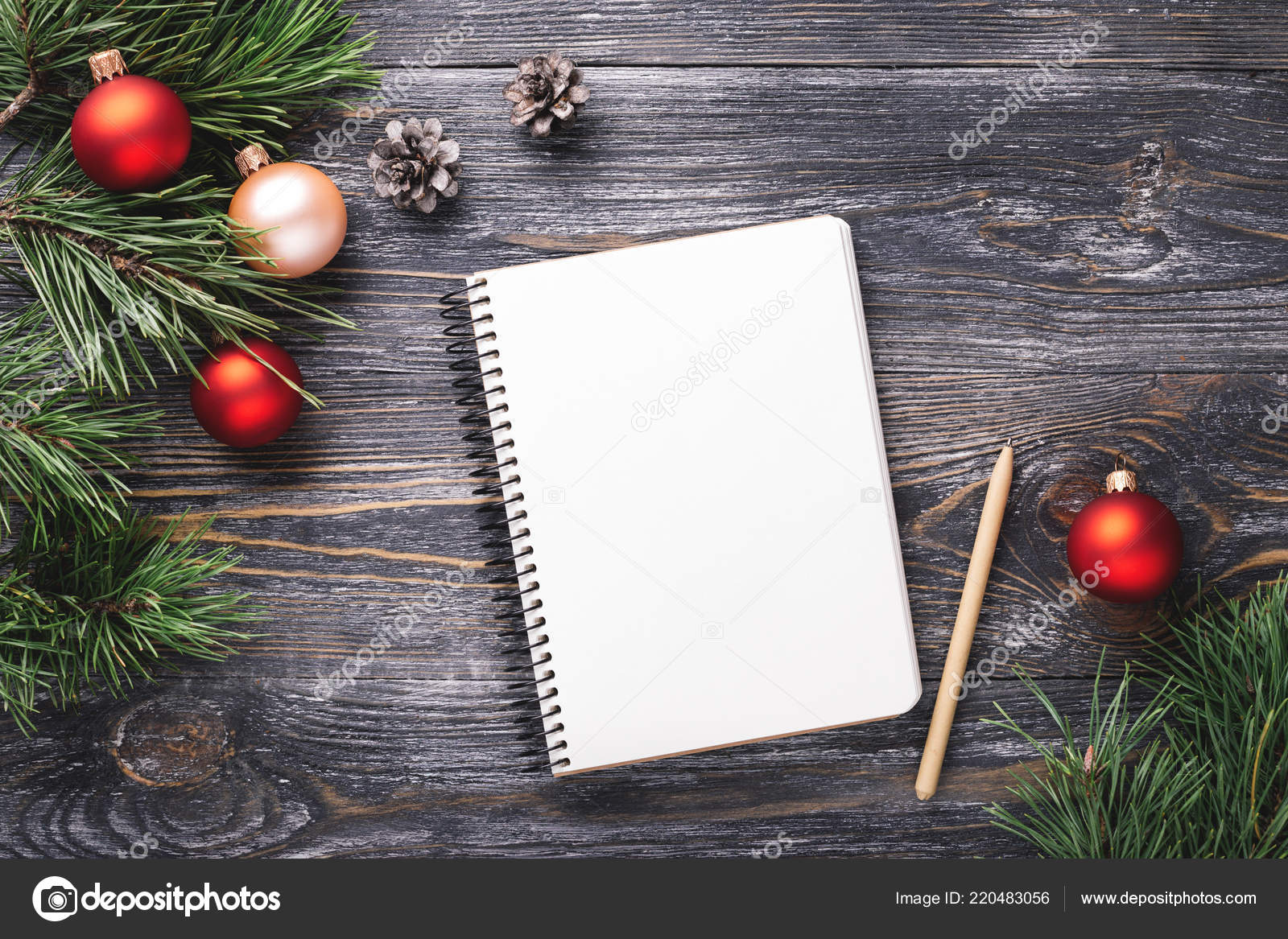 Mockup With Paper Notebook And Christmas Decorations Stock